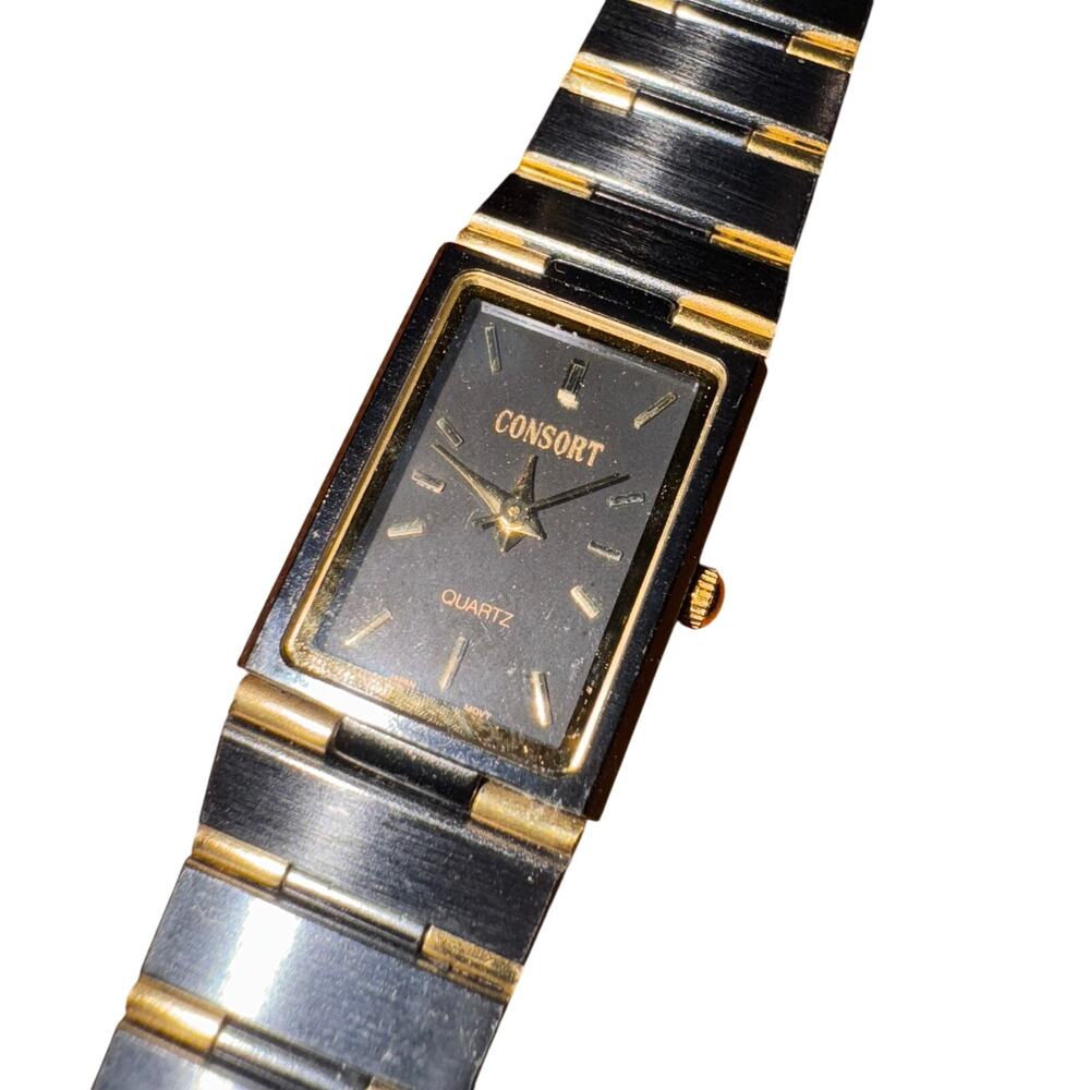 Vintage Consort Women's Watch Rectangle Face Metal Black / Gold Band Untested